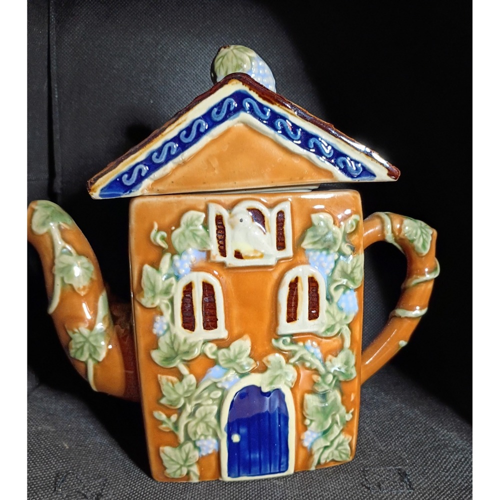 Vintage CBK Ltd Nouveau Majolica Cottage Teapot Ceramic Bird Vine House 1994